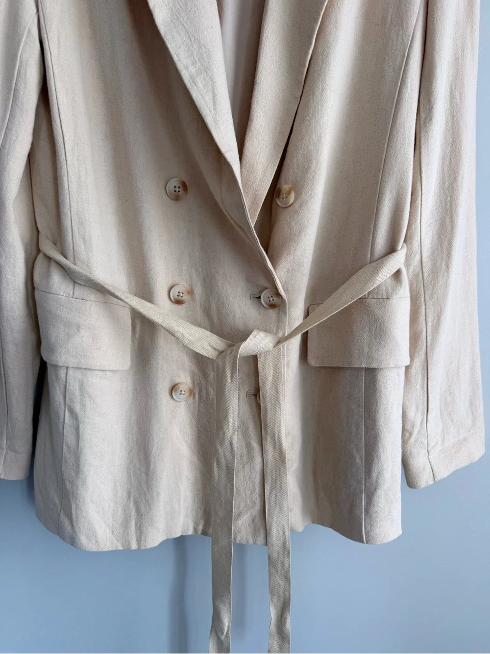 Free People Olivia Tie Front Blazer Neutral XS Linen Oversized Double Breasted